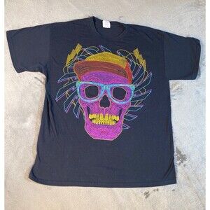 Neon Skull, Sunglasses, Baseball Cap, Black T-shirt, Rave, Skateboard, Large C-3